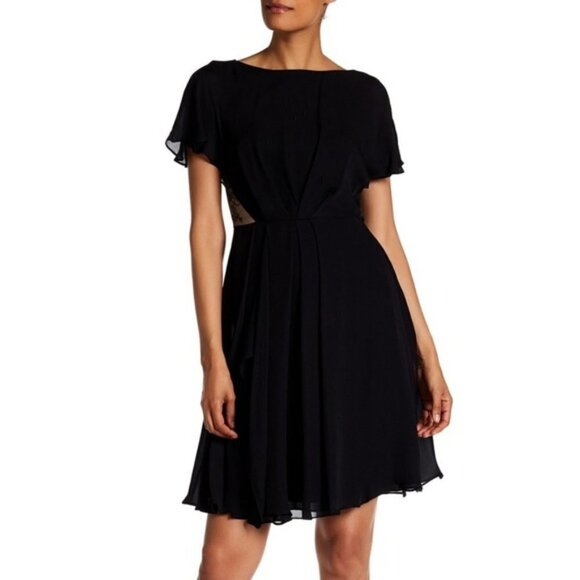 Jason Wu Black Lace Inset Silk Georgette Short Sleeve Mini Dress Size 10 - Picture 2 of 10